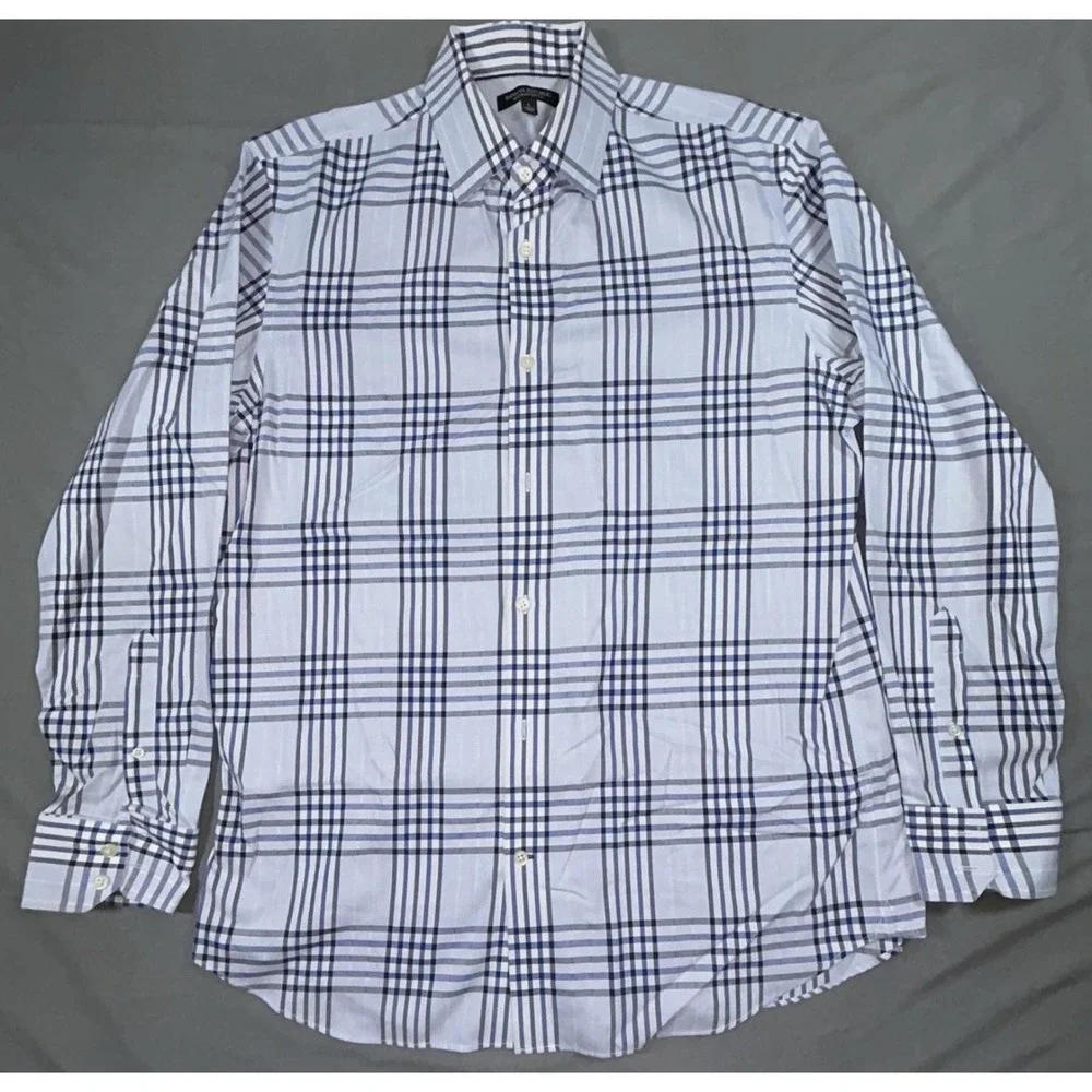 Banana Republic Dress Shirt Mens L Blue Plaid Slim Fit Non Iron Long Sleeve